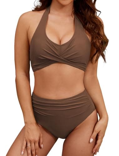ZAFUL Womens High Waisted Bikini Sets Two Piece Swimsuits Curvy Tummy Control Bathing Suits Halter V Neck Swimwear Coffee M - Image 1