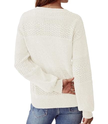NORACORA Women's V Neck Fall Sweaters Crochet Soft Lightweight Ribbed Knit Loose Pullover Sweater Long Sleeve Tops 2025 Trendy Outfits White - Thumbnail 4