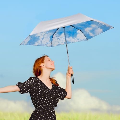G4Free UPF 50+ UV Protection Travel Umbrella with Wooden Handle, 42 Inch Lightweight Sun Rain Folding Umbrellas Auto Open Close (Sky) - Thumbnail 6