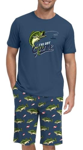 PrinStory Men's I've Got Game Pajama Set, Bass Fish Graphic Tee and Printed Shorts, Novelty Sleepwear Loungewear Set for Home, Fishing Gift, Blue L - Thumbnail 4