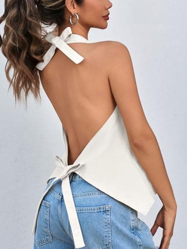 Tankaneo Womens Halter Denim Vest Tops Summer Open Back Y2K Going Out Tank Tops V Neck Button Down Jean Shirts - Thumbnail 2