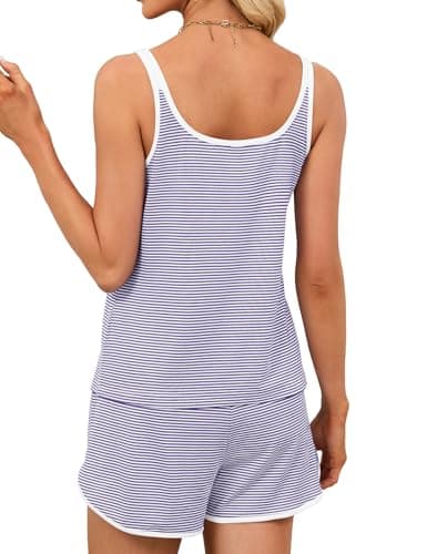 JUSTFASHIONNOW 2 Pieces Womens Striped Tank Top Pajamas Set Soft Postpartum Sleepwear Cami and Shorts Summer Loungewear Pjs Set(Purple,XX-Large) - Thumbnail 6