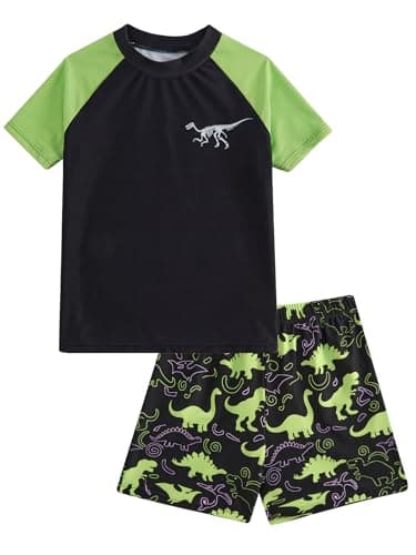 JiAmy Boys Two Piece Rash Guard Swim Set Short Sleeve Dinosaur Bathing Suit Quick Dry Swimwear for Kids Black 5-6Y