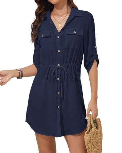 Bsubseach Swimsuit Coverup Shirt Dress Beach Vacation Clothes for Women Button Down Cover Ups Resort Wear Navy Blue M - Image 1