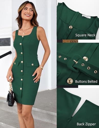 GRACE KARIN Women Summer Sleeveless Bodycon Midi Dress Business Work Buttons Belted Square Neck Dress Dark Green L - Thumbnail 4