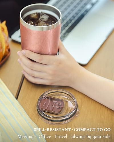UIRZOTN Travel Coffee Tumbler 20oz, 1 Pack Travel Coffee Mug with Dual Lids and Straw, Stainless Steel Double Wall Vacuum Insulated Tumbler for Hot/Iced Drinks, Rose Gold - Thumbnail 3