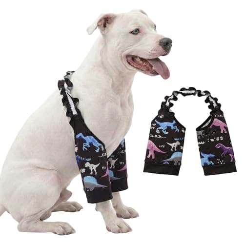 LovinPet Front Leg Sleeves for Medium and Large Dogs, 4-Way Stretch Elbow Protection, Anti-Lick Recovery, Warmth and Callus Prevention, Pair, Dinosaur Print, Black,3XL
