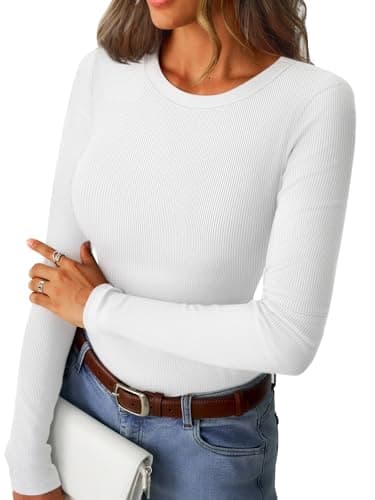 GKBK Womens Long Sleeve Ribbed Tops Fitted Stretch Casual Crewneck Basic Tee Shirts Tight Layering 2026 Fall Fashion Outfits White XS - Image 1
