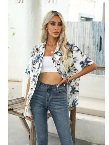LILYCHIC Hawaiian Shirts for Women Summer Floral Tropical Print Short Sleeve Button Up Hawaii Luau Outfits White 2XL - Thumbnail 6