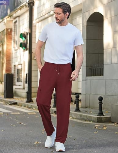 Deyeek Men's Baggy Sweatpants Open Bottom Loose Fit Maroon Cargo Sweatpants for Men Straight Leg Sweat Pants with Pockets 3XL - Thumbnail 3