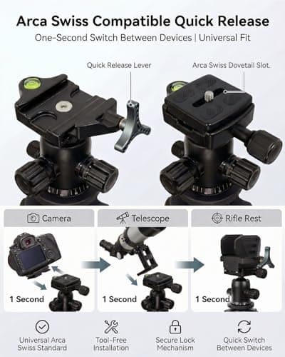 Shapakine 61” Aluminum Shooting Tripod with 360° Ball Head & Weight Hook – Arca-Swiss Rifle Saddle Clamp for Hunting, Heavy Duty Gun Rest w/Compass & Bubble Level (Prone to Standing) - Thumbnail 3