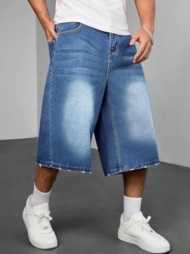 DISLANBO Men's Baggy Jeans Shorts Wide Leg Loose Fit Y2K Hip Hop Long Denim Shorts Streetwear Below Knee - Thumbnail 5