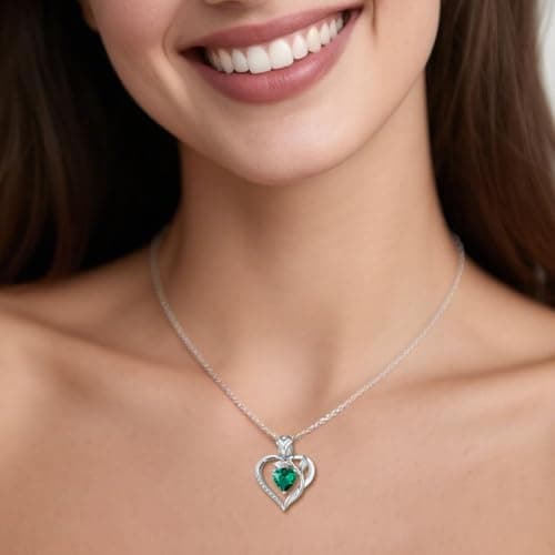JACUPO Heart Birthstone Silver Necklace for Women(05 - Emerald) - Thumbnail 5