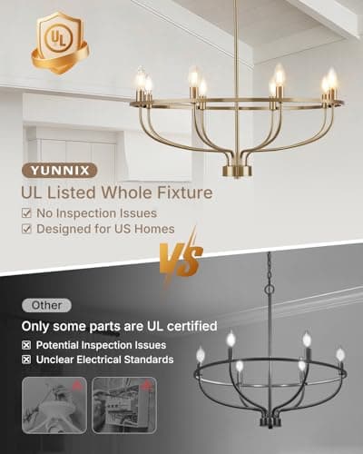 Yunnix 8 Light Champagne Bronze Chandelier for Dining Room, 30" Wagon Wheel Light Fixture, UL Listed Entire Fixture, Champagne Gold Modern Farmhouse Chandelier for Master Bedroom, Kitchen, Entryway - Thumbnail 2