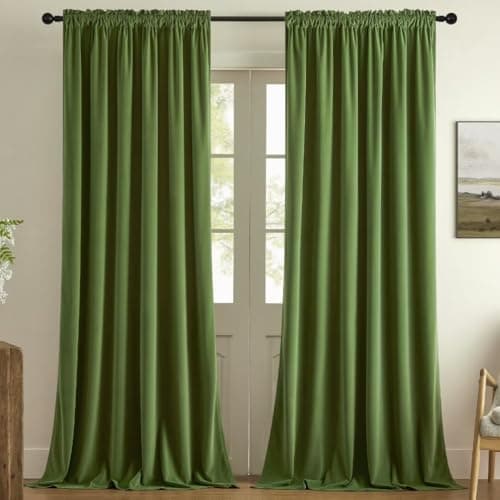 Joydeco Green Velvet Curtains 96 inch 2 Panel, Room Darkening Super Soft Velvet Drapes for Bedroom Living Room Thermal Insulated Window Drapes, Luxury Blackout Rod Pocket Curtains,W52 x L96 inch - Image 1