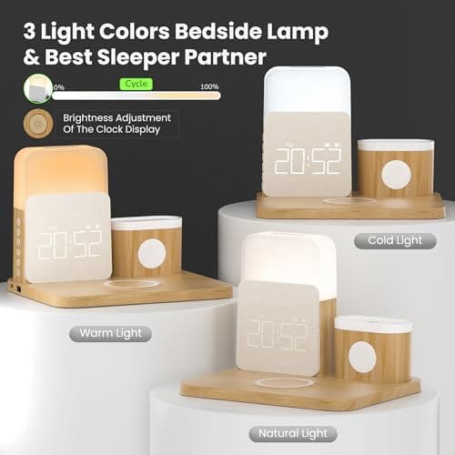 Alarm Clock Charging Station for Bedrooms, 7 in 1 Wireless Charging Station, Magnetic Charger with Night Light Bedside Clock for iPhone 17 16 15 14 13 12 Pro Max, Apple Watch, AirPods (Wood) - Thumbnail 5