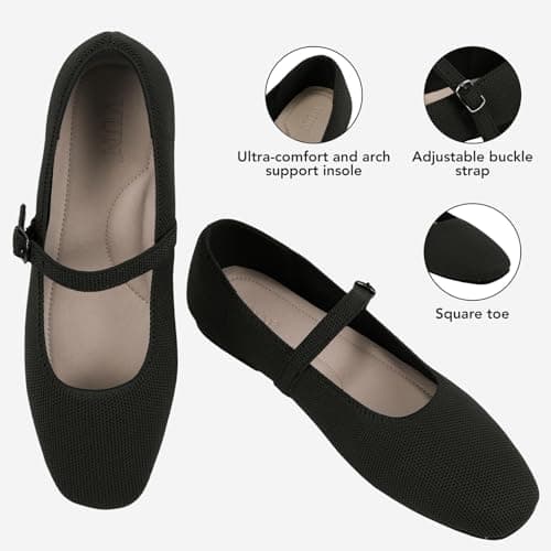 VUN Knit Flats for Women - Square Toe Ballet Flats with Adjustable Ankle Strap and Arch Support, Mary Jane Shoes for Dressy Office & Casual Comfort (Black,9) - Thumbnail 5