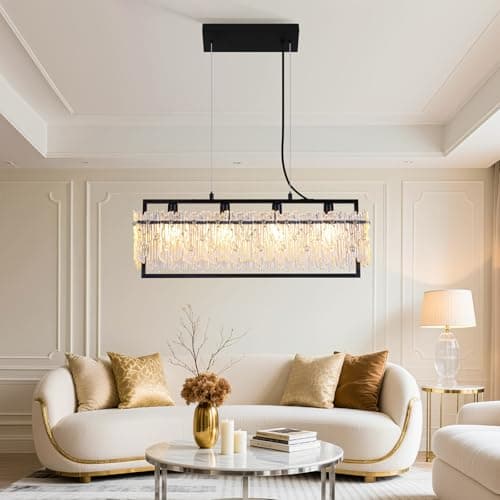 TYhogar Dining Room Light Fixture Modern Rectangle Black Crystal 4-Light Chandeliers for Dining Room 25" Linear Farmhouse Lighting Fixture for Kitchen Island Light Living Room - Image 1