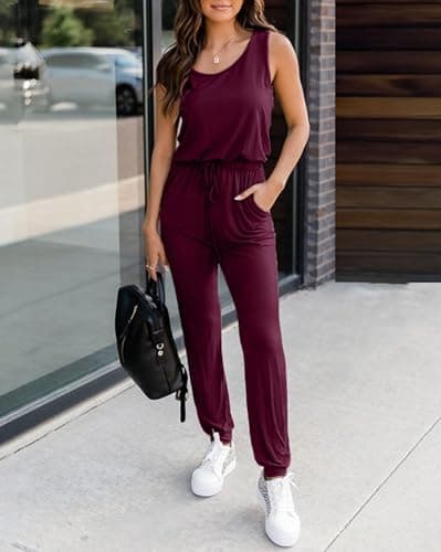 KIRUNDO Women 2026 Summer Jumpsuits Casual Sleeveless Drawstring Elastic Waist Romper Vacation Cruise Airport Travel Outfits(Wine Red, X-Large) - Thumbnail 3