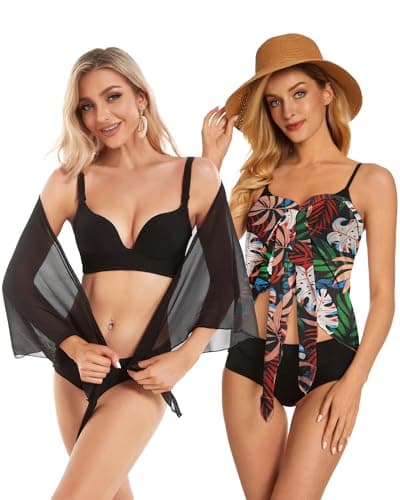 2 Pieces Sarong Cover Ups for Women Beach Bathing Suit Wrap Sheer Short Skirt Bikini Chiffon Scarf for Swimwear (Black, Orange White Leaves) - Thumbnail 3