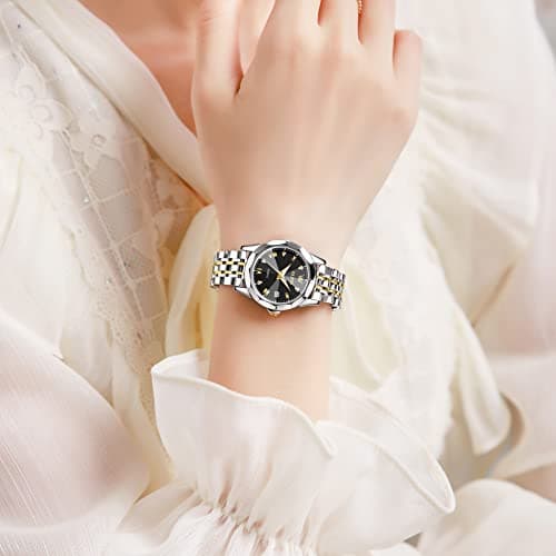 OLEVS Watch Women Black Face Gold and Silver Watches for Women Waterproof Luxury Two Tone Stainless Steel Ladies Watches for Small Wrists Vintage Analog Quartz Womens Watch with Date Reloj para Mujer - Thumbnail 3