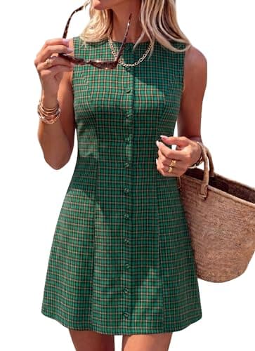 BTFBM Summer Dresses for Women 2026 Plaid Sleeveless Zip Up A Line Mini Dress Business Casual Vacation Gingham Sundress(Green, Small) - Image 1