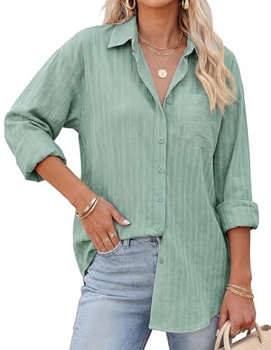 GRACE KARIN Women's 2026 Cotton Button Down Blouses, Dressy Casual Long Sleeve Shirts, Trendy Summer Collared Work Tops Light Green 2XL - Image 1