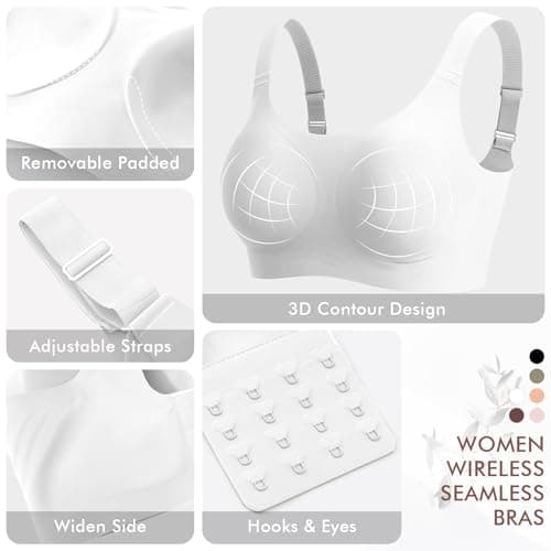 Ganado Seamless Wireless Bras for Women Full Coverage No Underwire Supportive Bras Padded T Shirt Bra Comfort Bralette (White X-Large) - Thumbnail 3