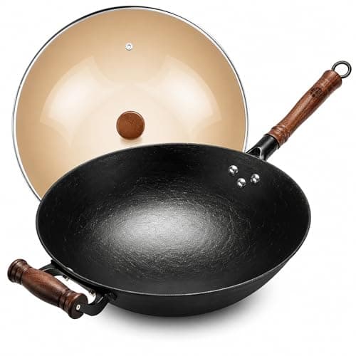 WANGYUANJI 12.6 Inch Round Bottom Cast Iron Wok with Glass Lid, Chinese Stir Fry Pan for Gas Stove & Open Flame, Uncoated Clay-Mold Texture, Wok Ring Required, Seasoning Needed - Image 1