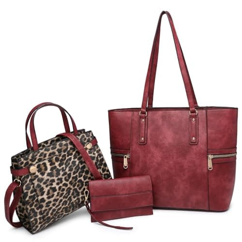 VANSARTO Purses and Handbags for Women Tote Bag Shoulder Bag Top Handle Satchel Purse Set with Wallet Large Work Tote Fashion Handbags 3pcs, Burgundy/Leopard
