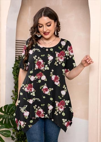 AusLook Plus Size Tops for Women Tunic Clothes Short Sleeve Midnight Red Rose Summer 2X Blouse Swing Tee Crewneck Clothing Flowy Shirts for Leggings - Thumbnail 2