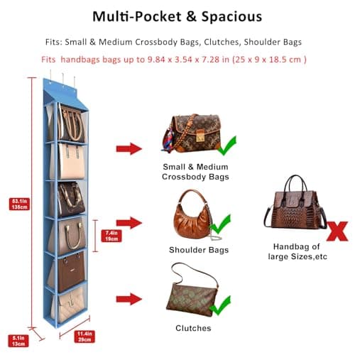 Lirex Over The Door Purse Organizer & Purse Shelf for Closet – Handbag Storage Organizer with Purse Hanger. Perfect for Scarves, Hats, and Leggings. S (11.8'' x 5'' x 51.6''), Blue - Thumbnail 2