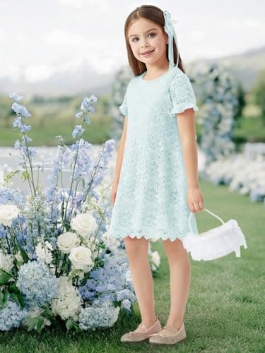 ALLOVIN Girls & Toddlers Graduation Soft Lace A-Line Short Sleeve Birthday Party Flower Girl Dress Wedding Communion | Blue | 6Y - Thumbnail 3