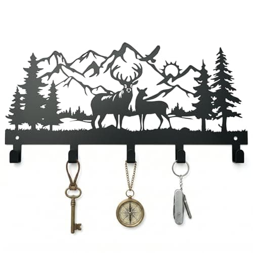 Metal Key Holder Wall Mount, Rustic Cabin Key Rack Hooks, Woodland Wildlife Wall Art Organizer for Entryway, Kitchen, Hallway, Garage, Farmhouse Home Decor & Housewarming Gift (Deer Mountain)