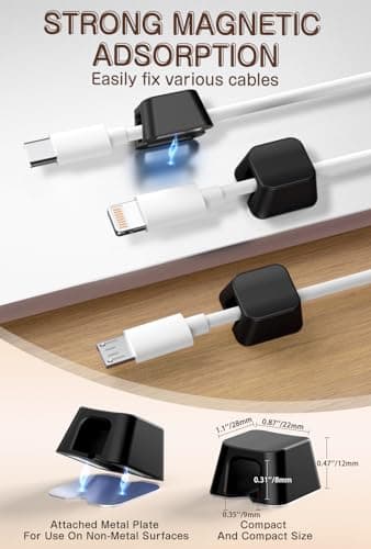 Maveek Magnetic Cord Clips, Cable Holder Magnet Silicone Cord Organizer Keyboard Keys Square Cable Management for Charging USB C Ethernet HDMI Home Office Car TV Cables (5 Pack, Black) - Thumbnail 6