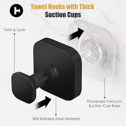 MOTAIPEAK Suction Cup Hooks for Shower, Shower Hooks for Inside Shower, No Drill Strong Hold Towel Hooks, Waterproof Removable Hooks for Bathroom Wall, Glass, Tile, Door – Black (4 Pack) - Thumbnail 2