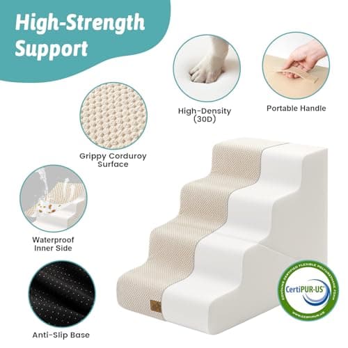 COZY KISS Dog Stairs for Small Dogs, 3-Step 2 in 1 Transformable Pet Stairs for Couch and Bed, 15.7" H Dog Steps for Old Cats, Puppy, Small Dogs (Beige, 17.7x28.3x19.7 in, 4.0) - Thumbnail 5