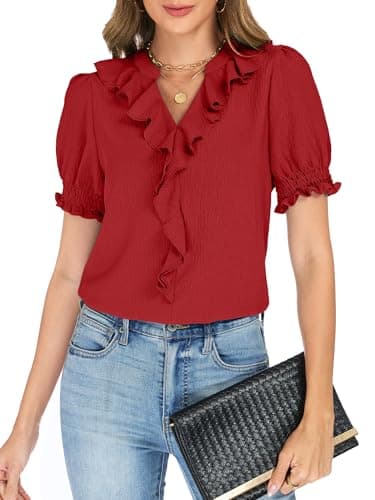 Funlingo Blouses for Women Dressy Casual Short Puff Sleeve Business Work Tops Summer V Neck Ruffle Shirts Office Clothes Smocked Cuffs Red L - Image 1