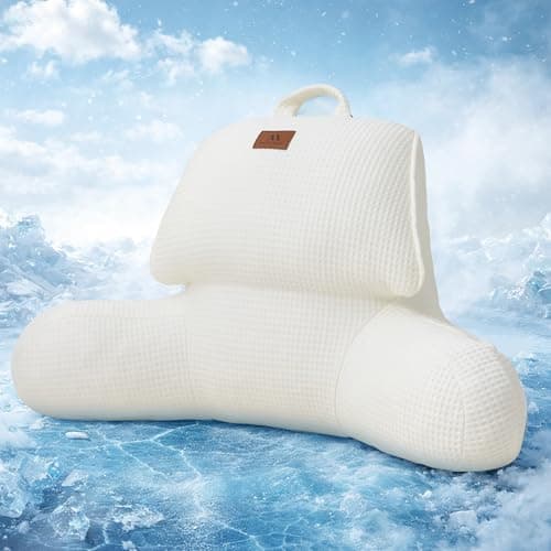 Amélie Home Premium Cooling Waffle Reading Pillow, Qmax>0.37 Ergonomic Backrest Support with Pocket & Handle, Breathable Lounging Pillow for Bed Sofa Floor Summer, 17 Inches, Ivory - Image 1