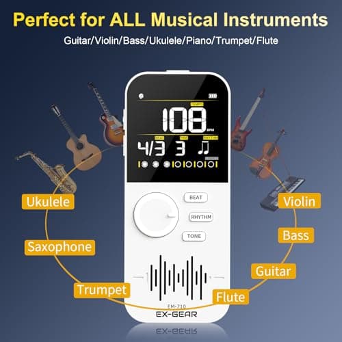 EX-GEAR Digital Metronome, Rechargeable Electronic Metronome with Color LCD Screen, Wide Tempo Range & Multiple Time Signatures for Piano, Guitar, Violin, Drums & All Instruments - Thumbnail 6