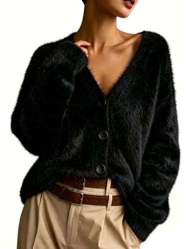 Women's Fuzzy Cardigan V Neck Long Sleeve Button Down Slouchy Furry Sweaters Chunky Knit Mohair Sweater Coat(Black-S) - Image 1