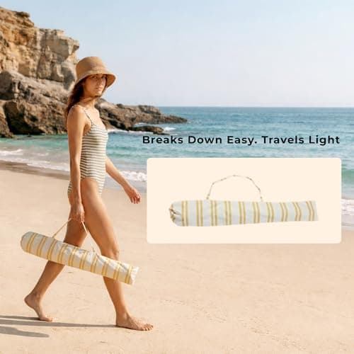 DEER LAND 6FT Stripe Fringe Beach Umbrella for Sand with Sand Anchor, UPF 50+ Sun Shade with Tassels, Adjustable Tilt Pole, Portable Coastal Umbrella for Beach & Pool, Heritage Mimosa Stripe - Thumbnail 4