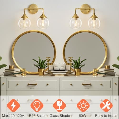 Gednbo Gold Bathroom Vanity Light with Clear Glass Shade, E26 Base, 2-Light Bathroom Light Fixtures Over Mirror, 14 Inch Vanity Lights for Bathroom (Exclude E26 Bulb) - Thumbnail 2