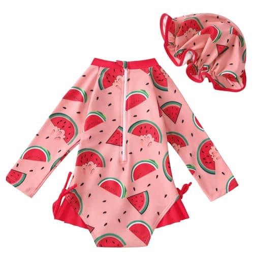 AMAWMW Infant Baby Girl Swimsuit Long Sleeve One-Piece Swimwear with Hat Rash Guard Floral Zipper Bathing Suit Beach Wear - Thumbnail 4