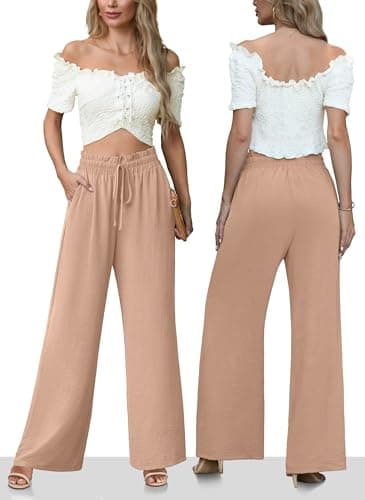 Lepunuo Boho Lounge Pants Womens Wide Leg Pants High Waisted Palazzo Pants Casual Flowy Pants Vacation Travel Outfits A - Khaki - Thumbnail 3
