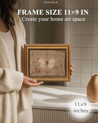 Gold Framed Wall Art, Vintage White Butterfly Canvas Prints, French Country Antique Insect Picture Wall Decor, Neutral Pink Cottagecore Artwork for Living Room Bedroom 9x11 inch - Thumbnail 2