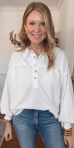 KGGT Women's Waffle Knit Tops Long Sleeve Henley Shirts Oversized Pullover Peter Pan Collar Loose Tunic Blouses(White,L) - Thumbnail 3