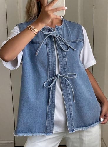 Astylish Chambray Denim Vest Women Lightweight Henley Collar Sleeveless Jackets 2026 Summer Spring Bow Tie Up Coat Shirts Beau Blue Small - Thumbnail 2