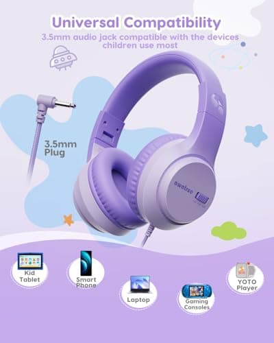 awatrue Kids Headphones, 74/85/94dB Volume Limiter, Foldable Wired Over Ear Headphones for Travel, 3.5mm Jack, Toddler Headphones for School, Chromebook, iPad, Tablet, Purple - Thumbnail 6