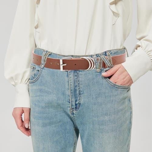 EONTISO Women Studded Leather Belt for Jeans, Punk Silver D-Rings & Chain, Roller Buckle Brown S - Thumbnail 3